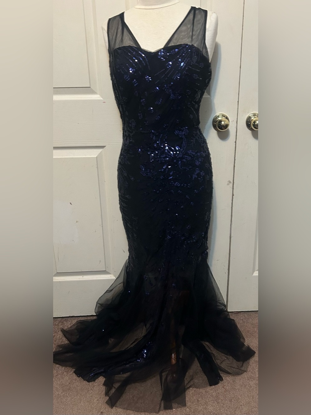 Navy Sequin Mermaid fitted Evening Dress US size 12